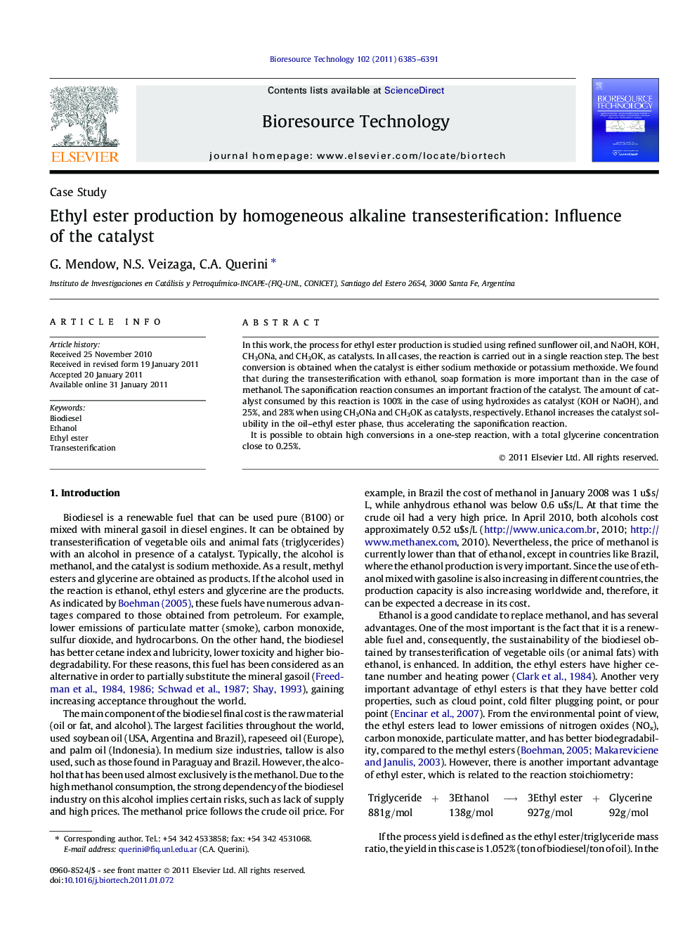 Ethyl ester production by homogeneous alkaline transesterification: Influence of the catalyst