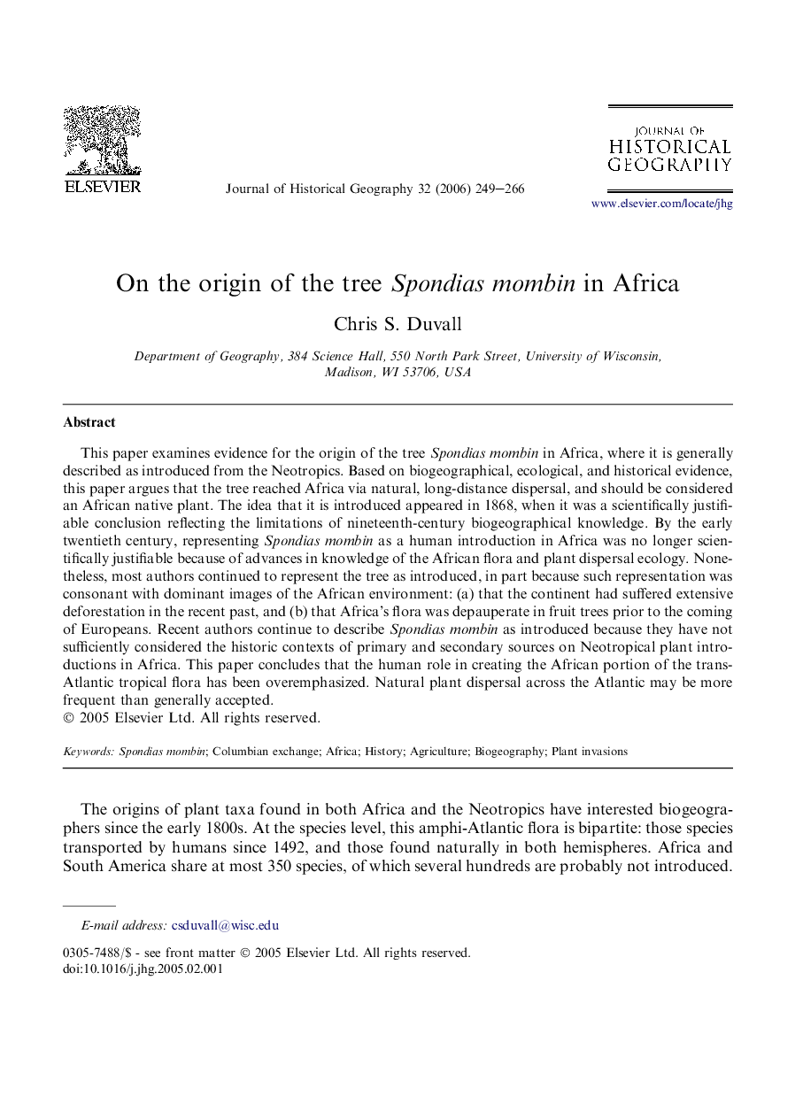 On the origin of the tree Spondias mombin in Africa