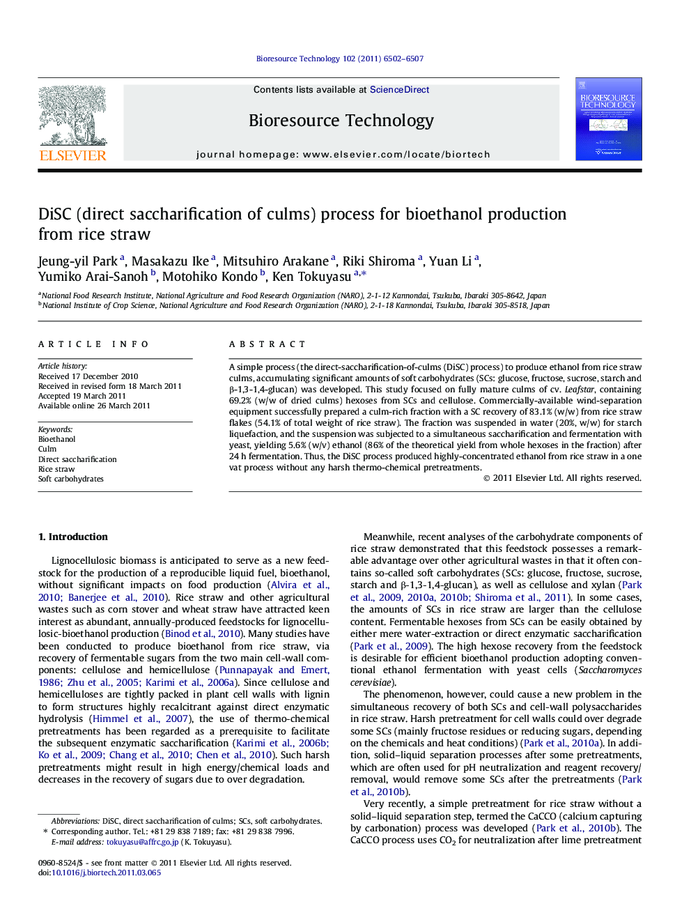 DiSC (direct saccharification of culms) process for bioethanol production from rice straw