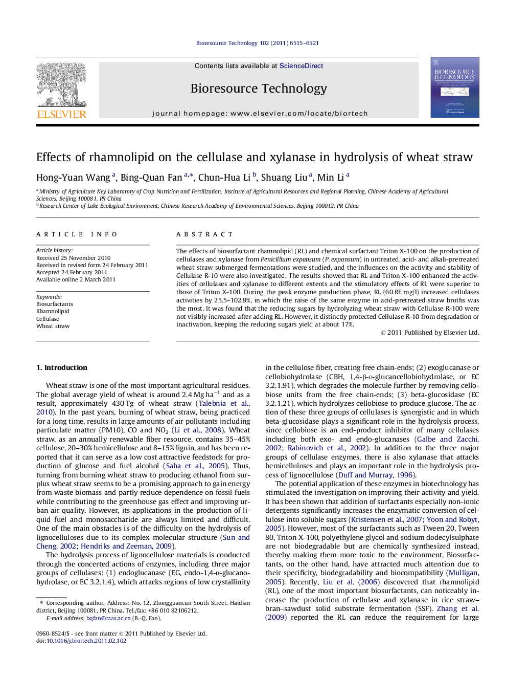 Effects of rhamnolipid on the cellulase and xylanase in hydrolysis of wheat straw