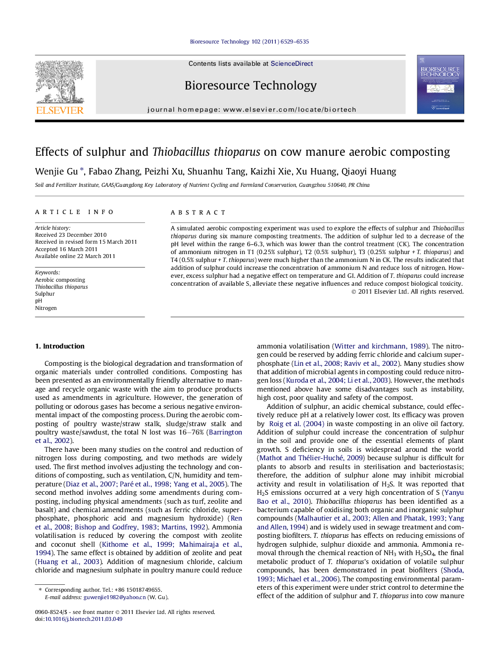 Effects of sulphur and Thiobacillus thioparus on cow manure aerobic composting