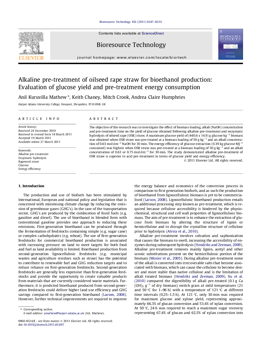 Alkaline pre-treatment of oilseed rape straw for bioethanol production: Evaluation of glucose yield and pre-treatment energy consumption