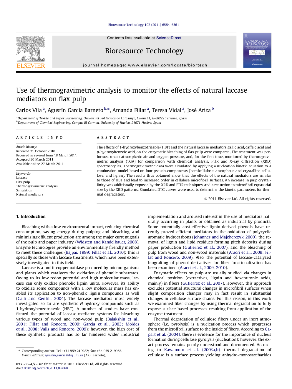 Use of thermogravimetric analysis to monitor the effects of natural laccase mediators on flax pulp