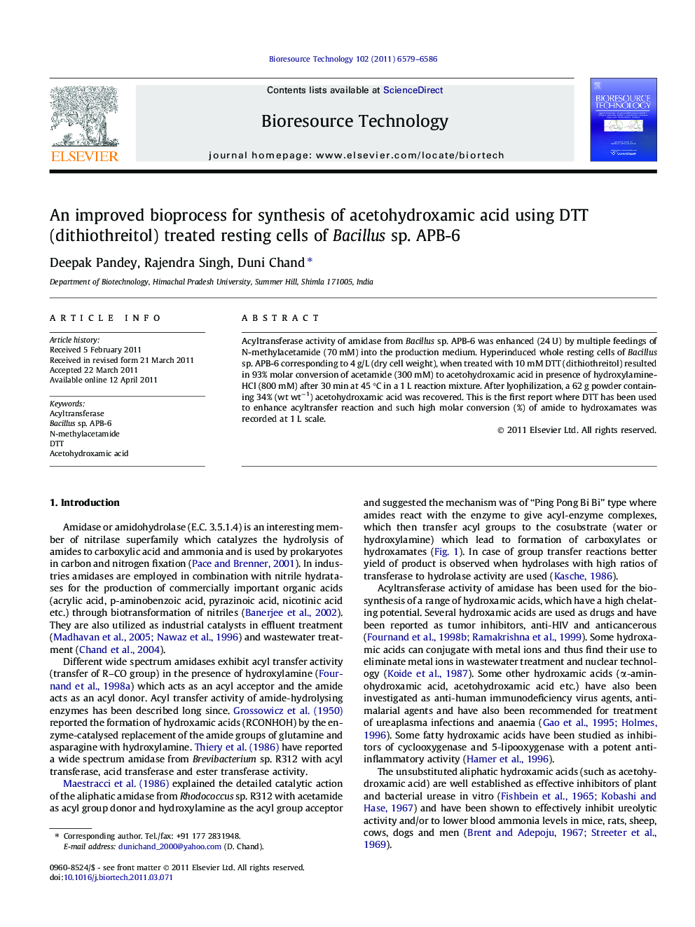 An improved bioprocess for synthesis of acetohydroxamic acid using DTT (dithiothreitol) treated resting cells of Bacillus sp. APB-6