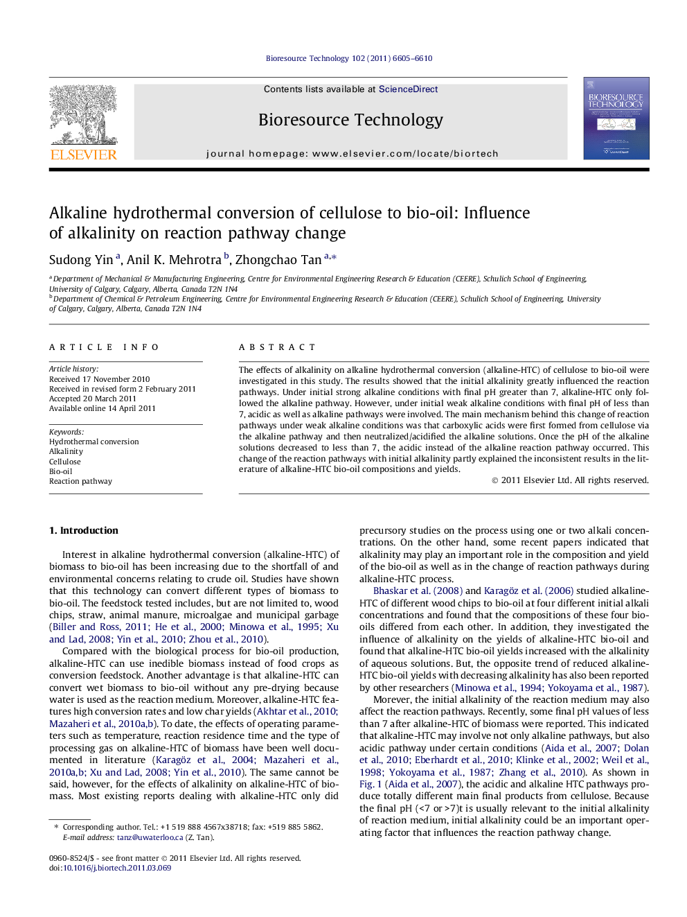 Alkaline hydrothermal conversion of cellulose to bio-oil: Influence of alkalinity on reaction pathway change