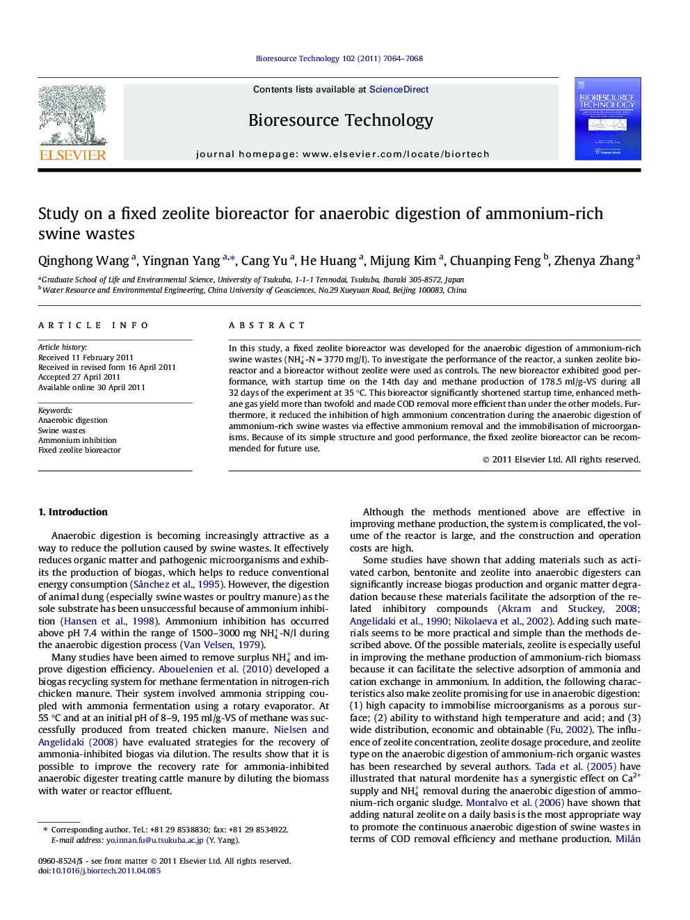 Study on a fixed zeolite bioreactor for anaerobic digestion of ammonium-rich swine wastes