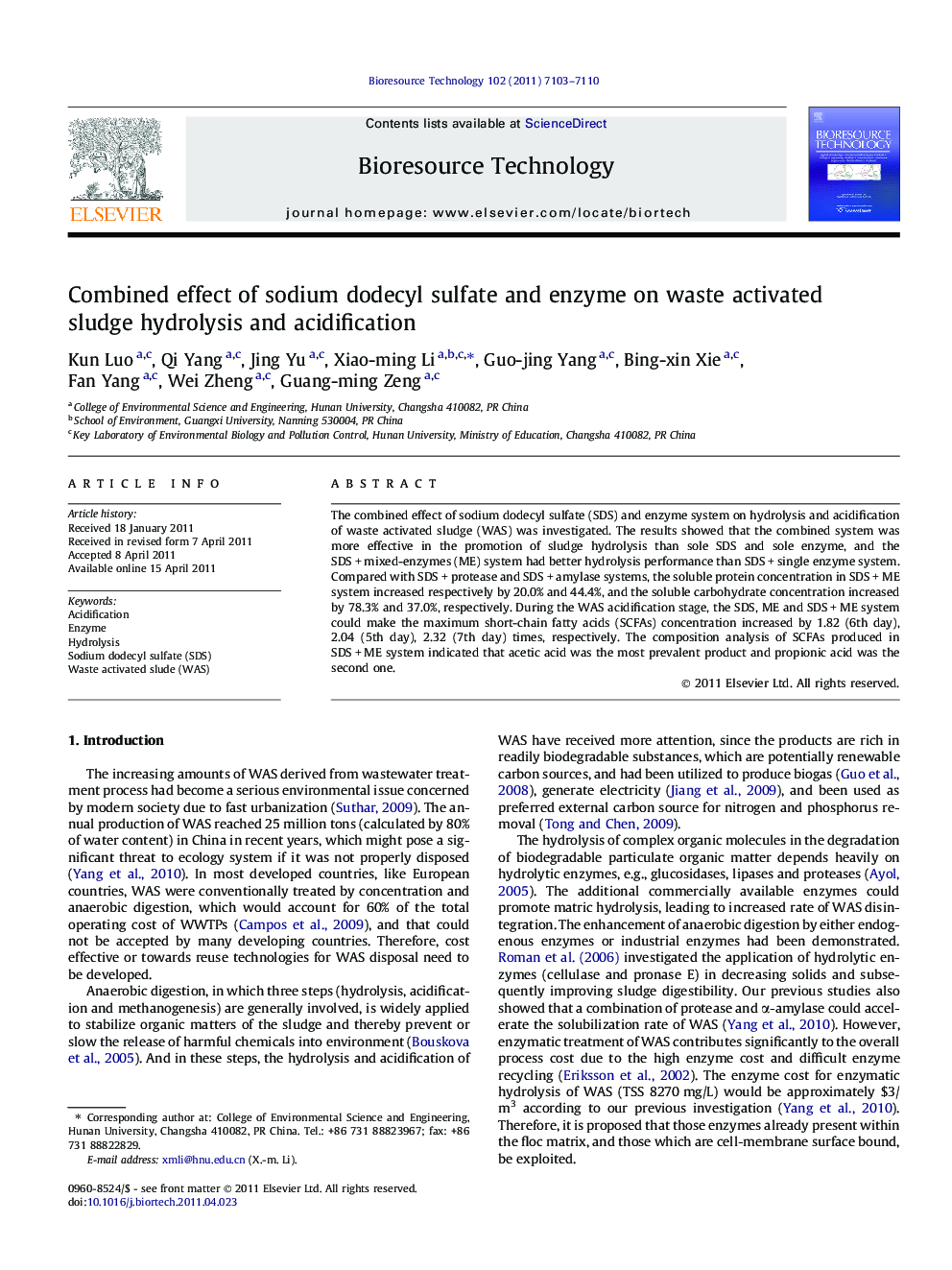 Combined effect of sodium dodecyl sulfate and enzyme on waste activated sludge hydrolysis and acidification