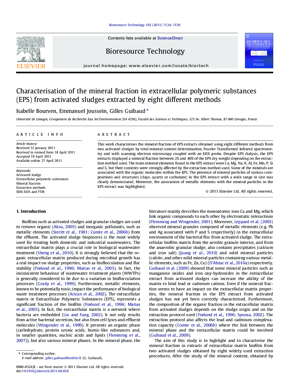 عکس صفحه اول مقاله: Characterisation of the mineral fraction in extracellular polymeric substances (EPS) from activated sludges extracted by eight different methods Characterisation of the mineral fraction in extracellular polymeric substances (EPS) from activated sludges extracted by eight different methods