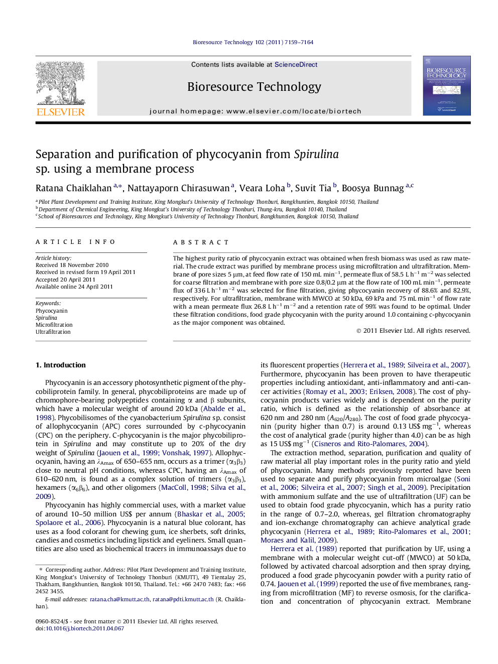 Separation and purification of phycocyanin from Spirulina sp. using a membrane process