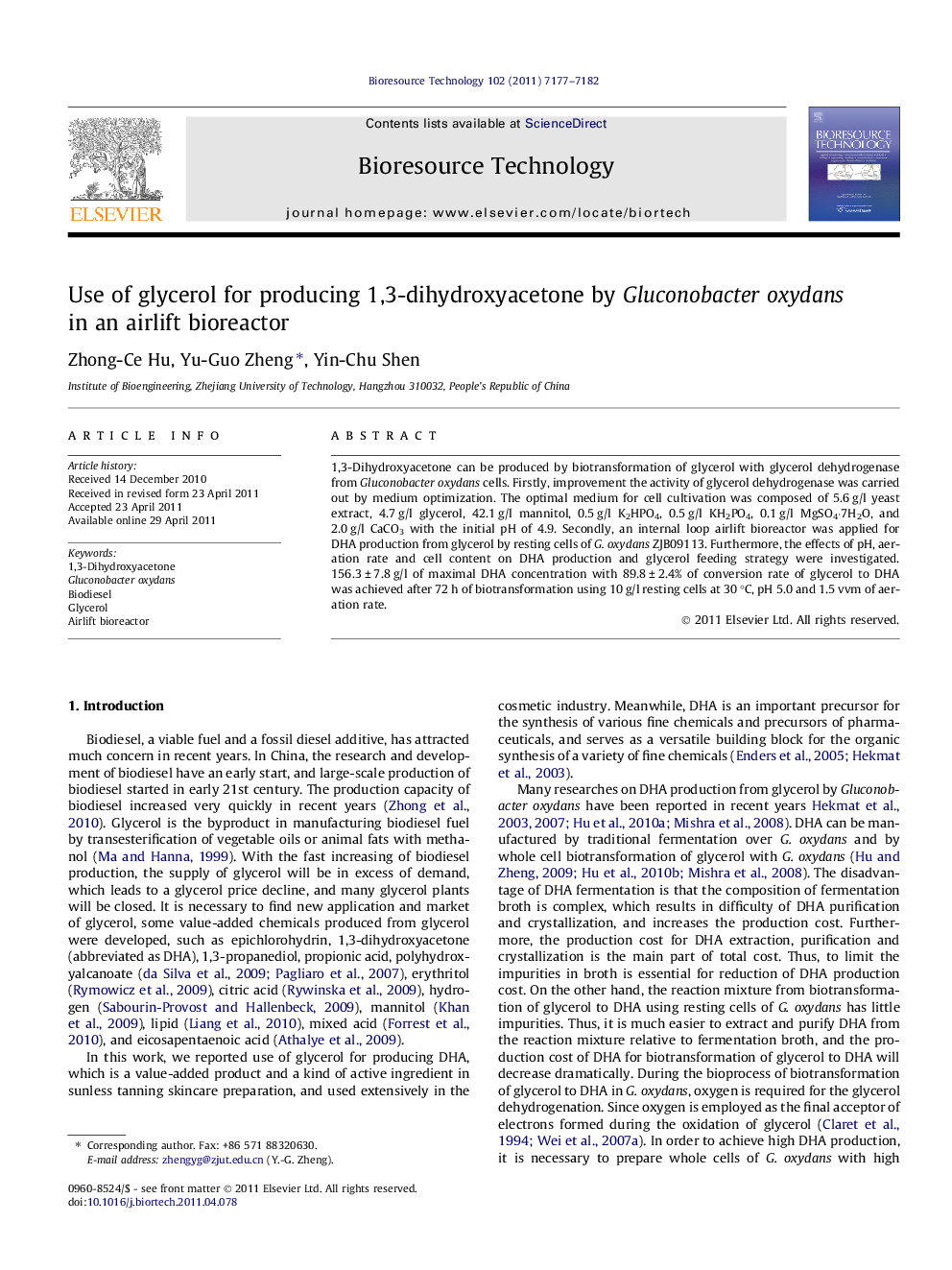 Use of glycerol for producing 1,3-dihydroxyacetone by Gluconobacter oxydans in an airlift bioreactor