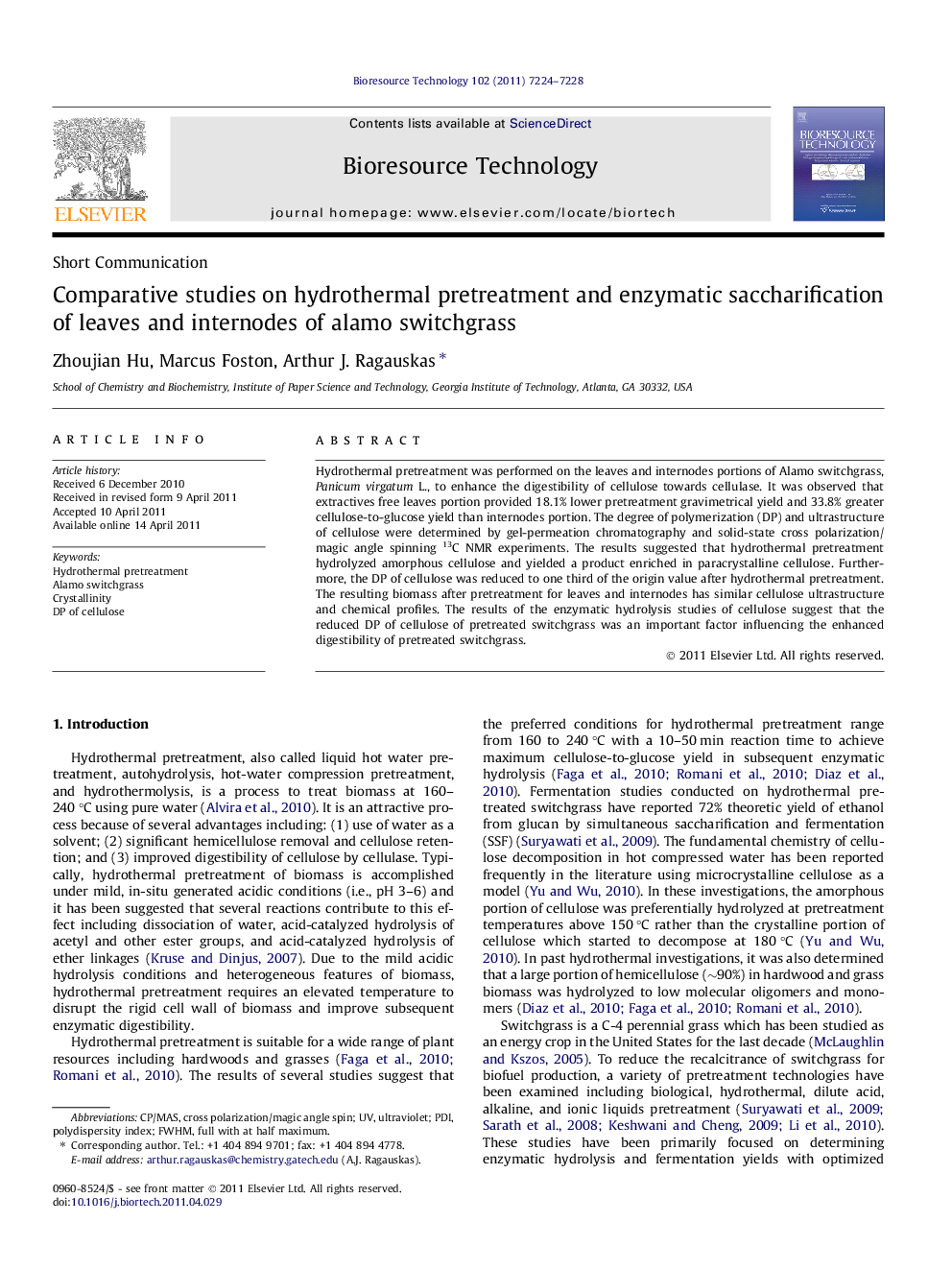 Comparative studies on hydrothermal pretreatment and enzymatic saccharification of leaves and internodes of alamo switchgrass