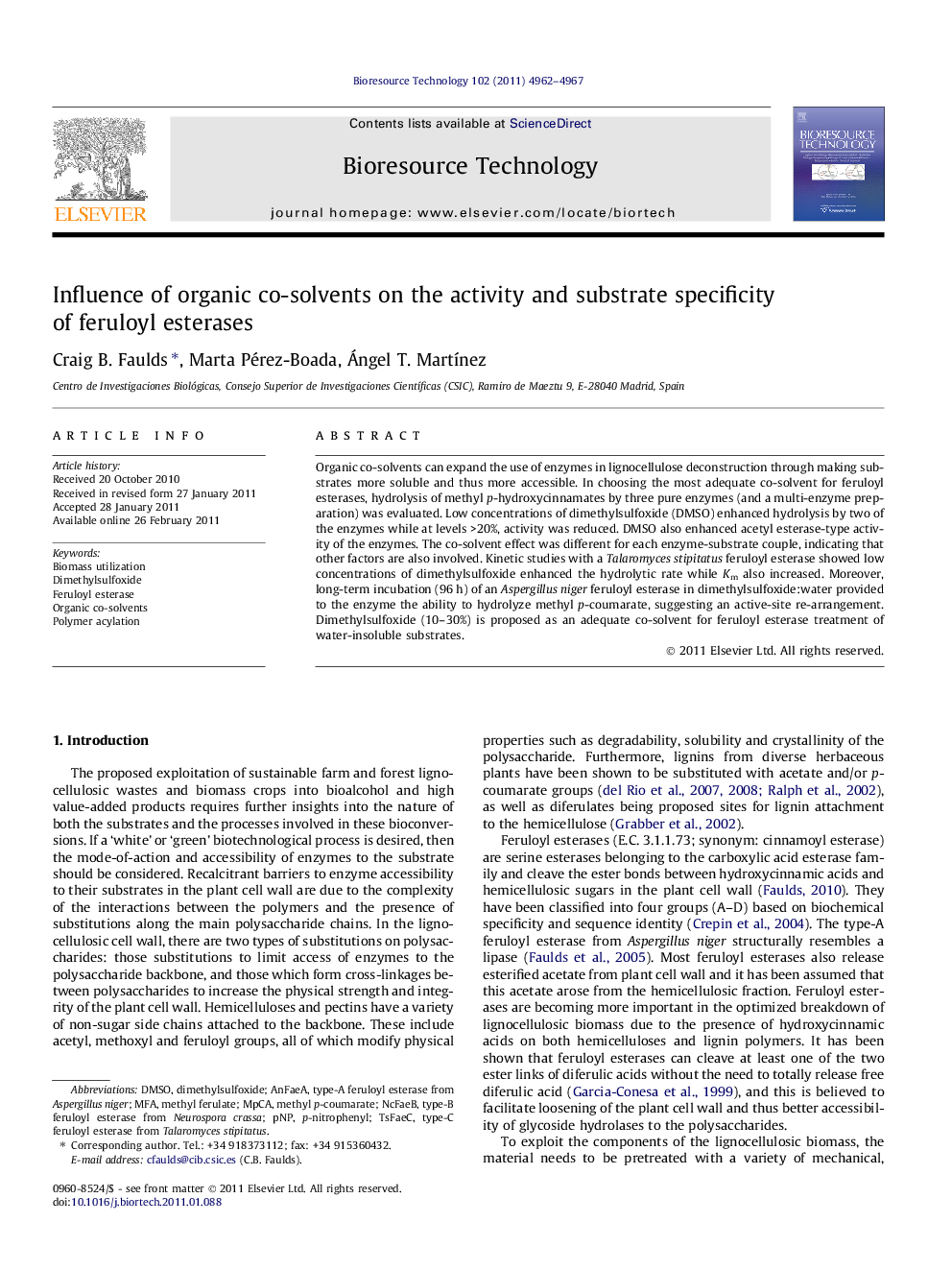 Influence of organic co-solvents on the activity and substrate specificity of feruloyl esterases