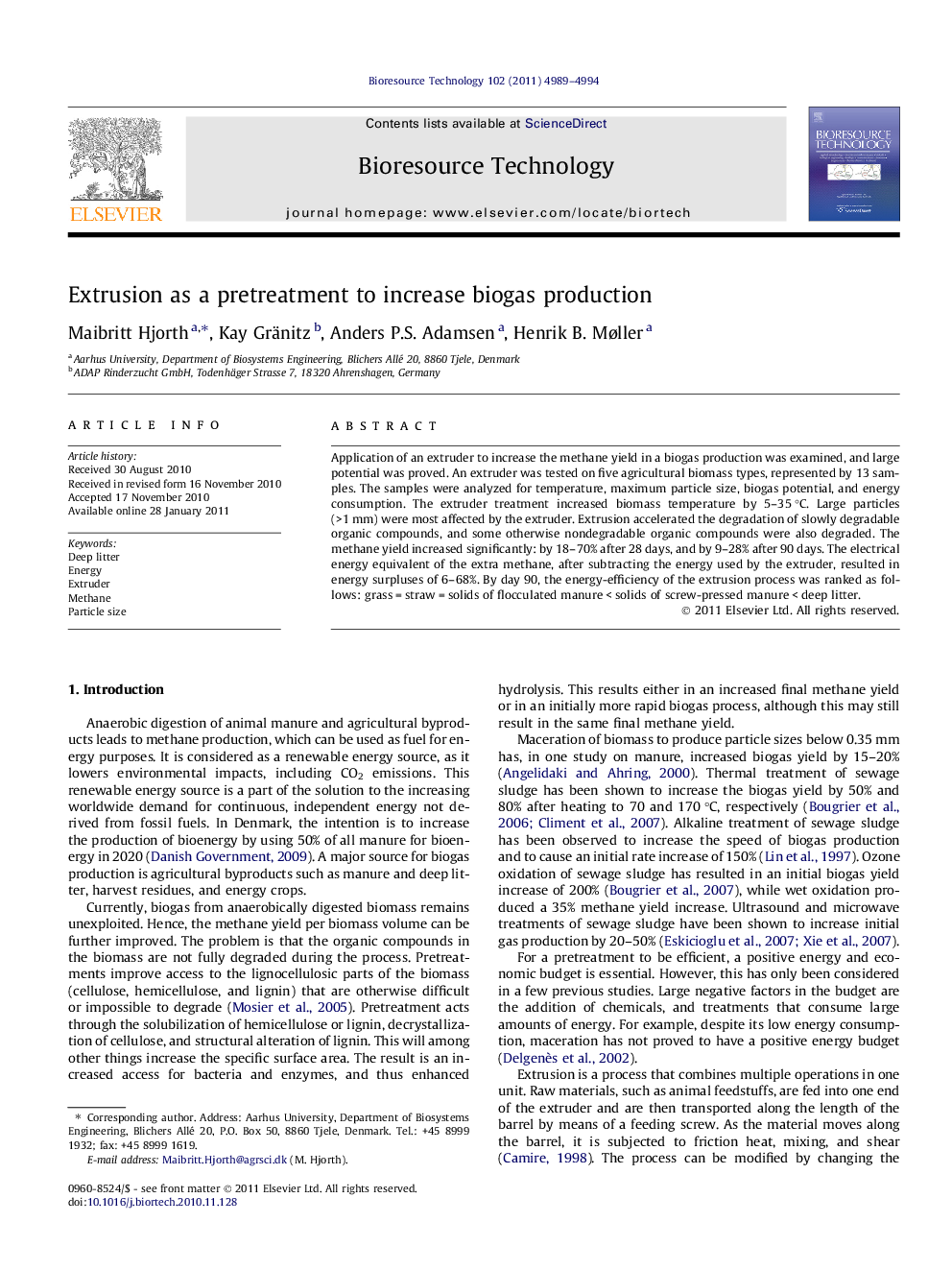 Extrusion as a pretreatment to increase biogas production