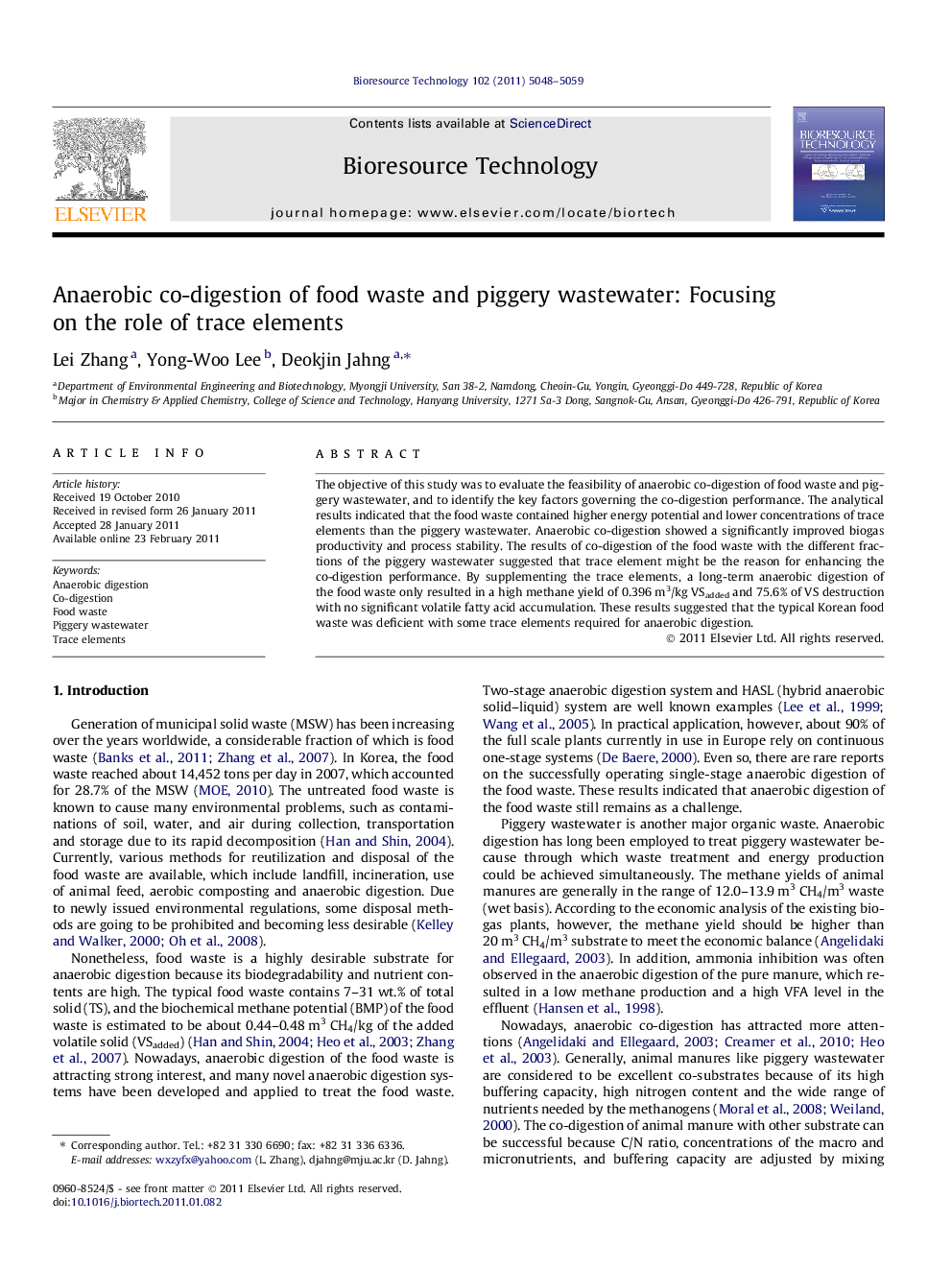 Anaerobic co-digestion of food waste and piggery wastewater: Focusing on the role of trace elements