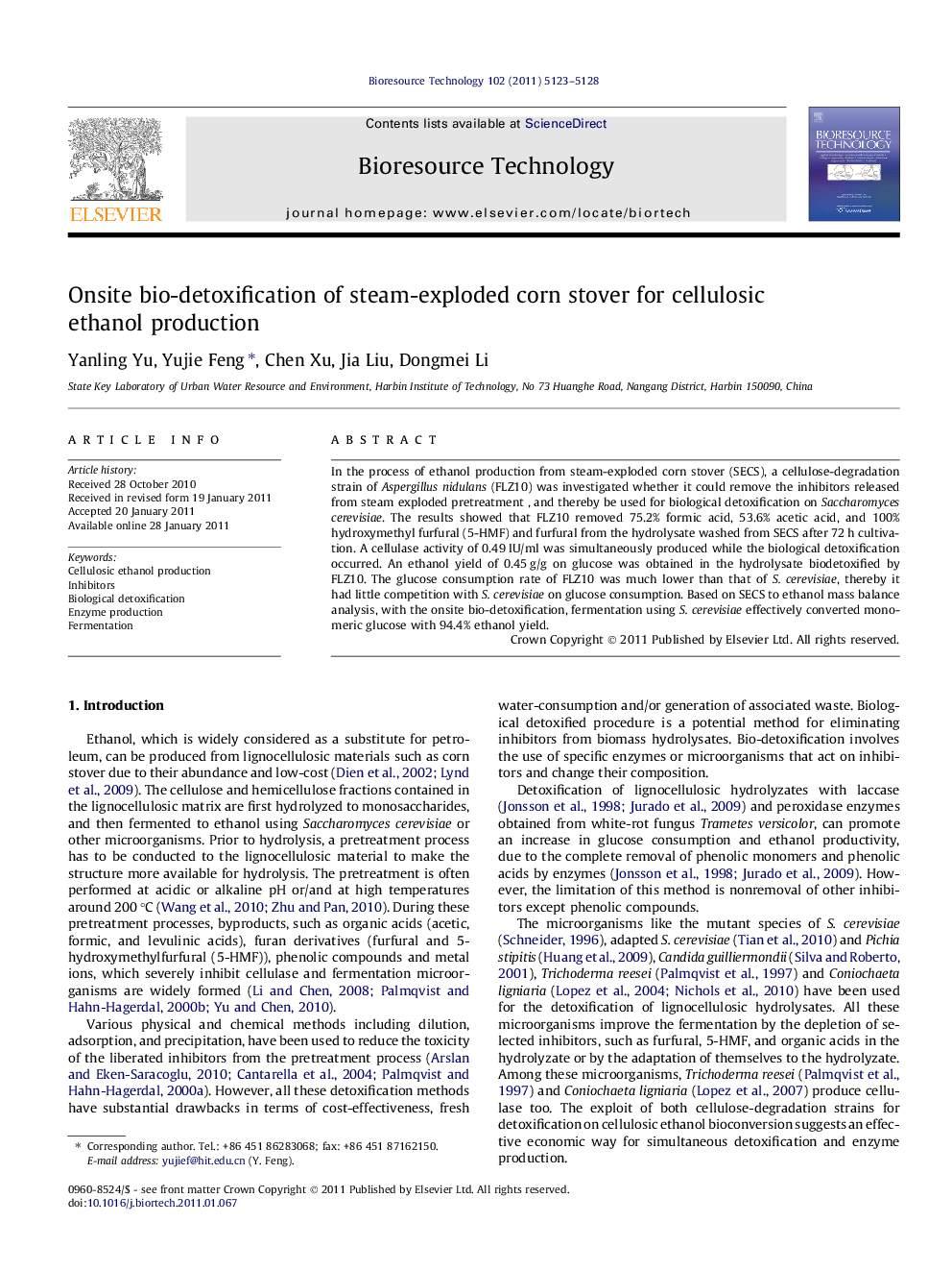 Onsite bio-detoxification of steam-exploded corn stover for cellulosic ethanol production