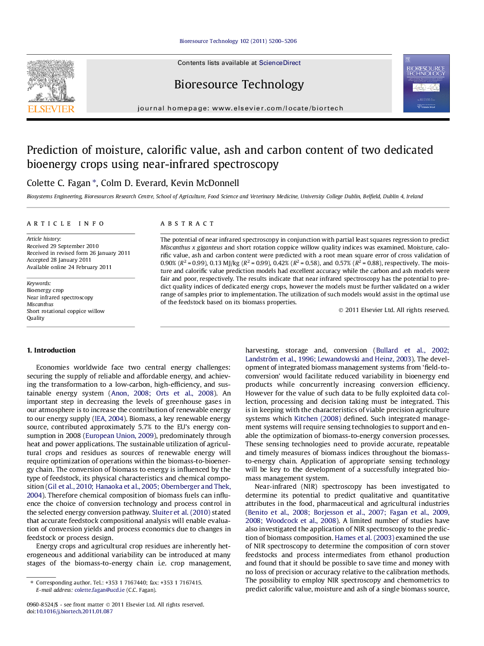 Prediction of moisture, calorific value, ash and carbon content of two dedicated bioenergy crops using near-infrared spectroscopy