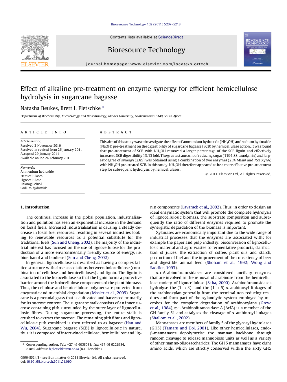 Effect of alkaline pre-treatment on enzyme synergy for efficient hemicellulose hydrolysis in sugarcane bagasse