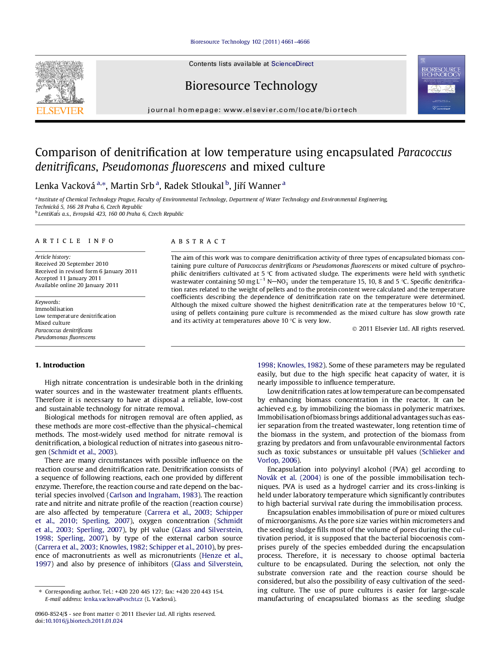 Comparison of denitrification at low temperature using encapsulated Paracoccus denitrificans, Pseudomonas fluorescens and mixed culture