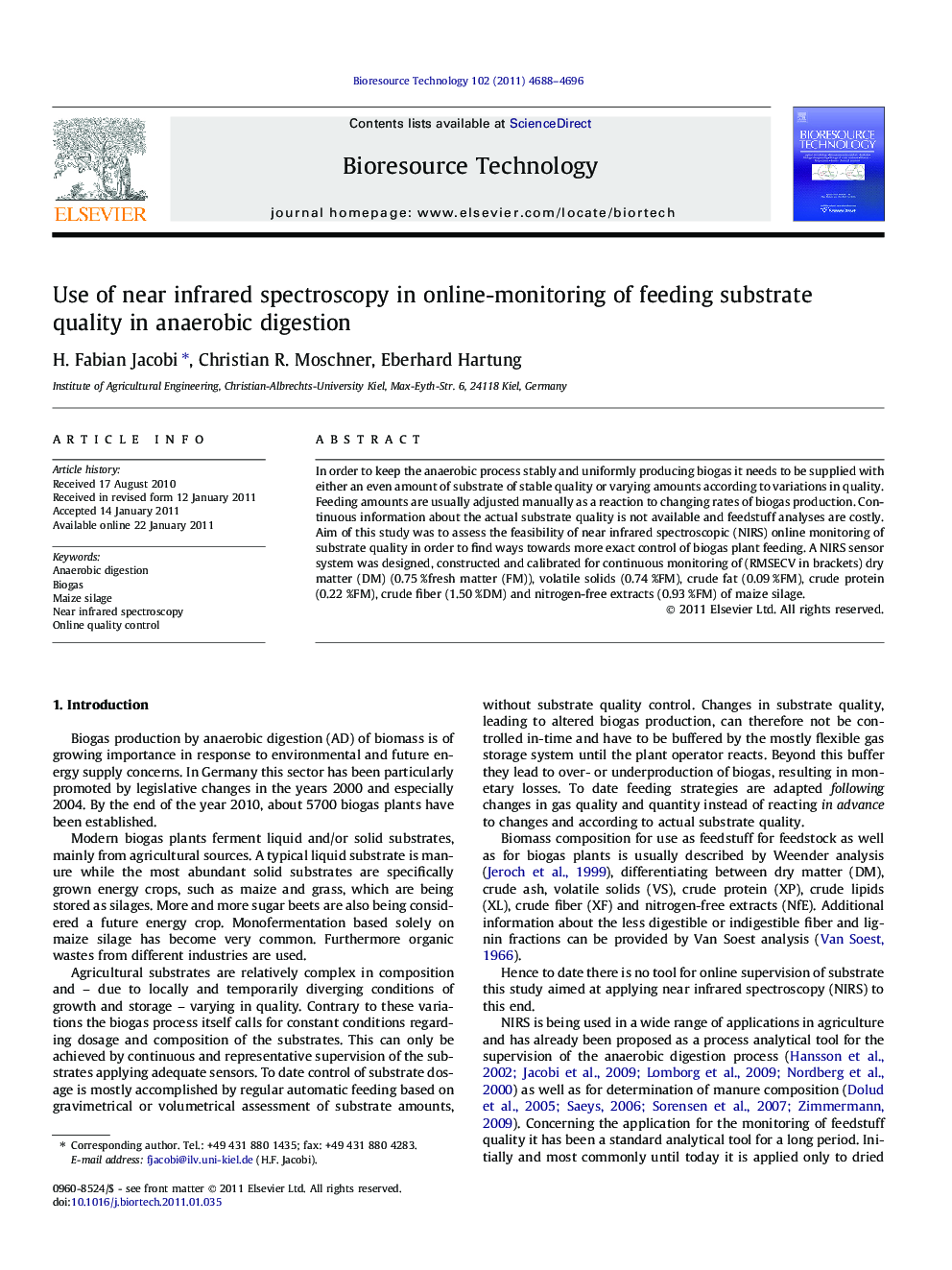 Use of near infrared spectroscopy in online-monitoring of feeding substrate quality in anaerobic digestion