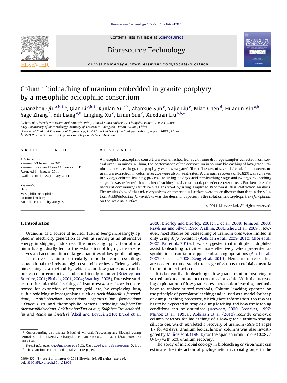 عکس صفحه اول مقاله: Column bioleaching of uranium embedded in granite porphyry by a mesophilic acidophilic consortium Column bioleaching of uranium embedded in granite porphyry by a mesophilic acidophilic consortium