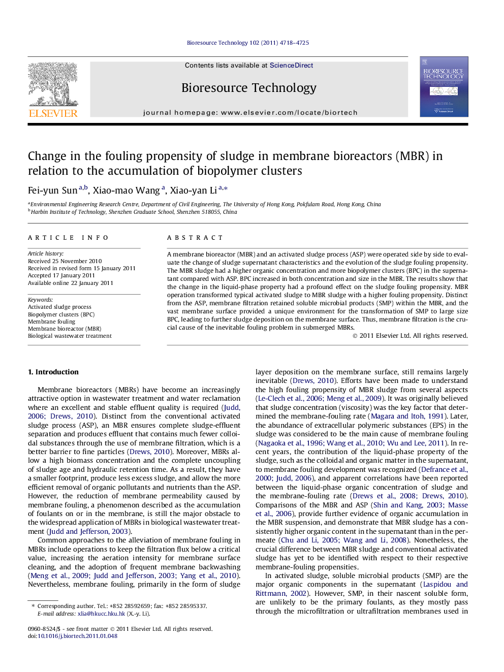 Change in the fouling propensity of sludge in membrane bioreactors (MBR) in relation to the accumulation of biopolymer clusters