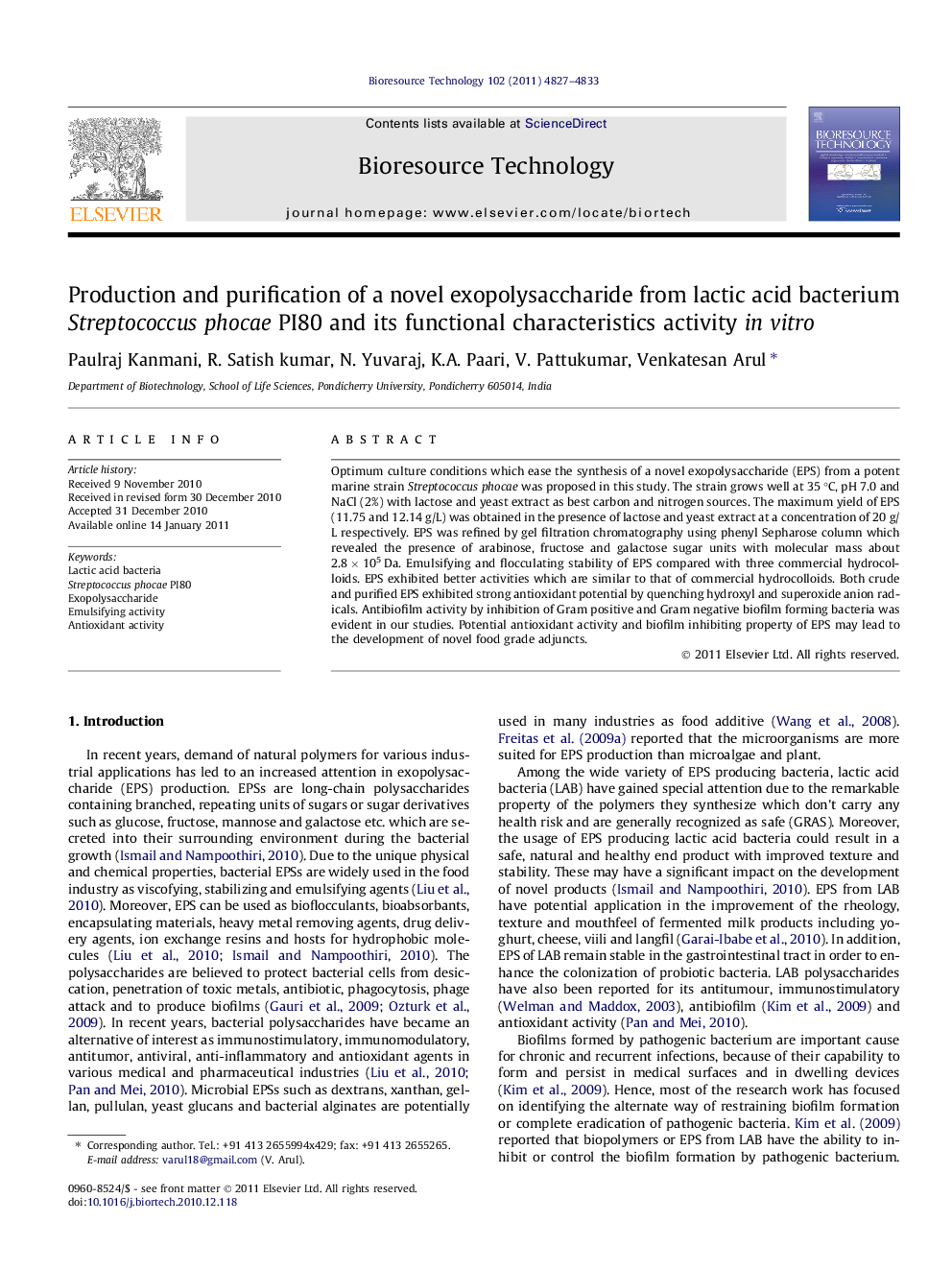 Production and purification of a novel exopolysaccharide from lactic acid bacterium Streptococcus phocae PI80 and its functional characteristics activity in vitro