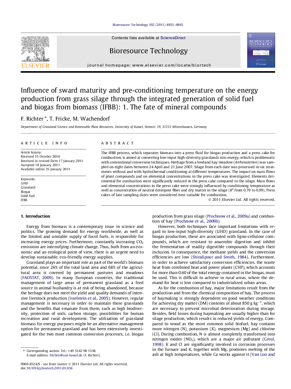 Influence of sward maturity and pre-conditioning temperature on the energy production from grass silage through the integrated generation of solid fuel and biogas from biomass (IFBB): 1. The fate of mineral compounds