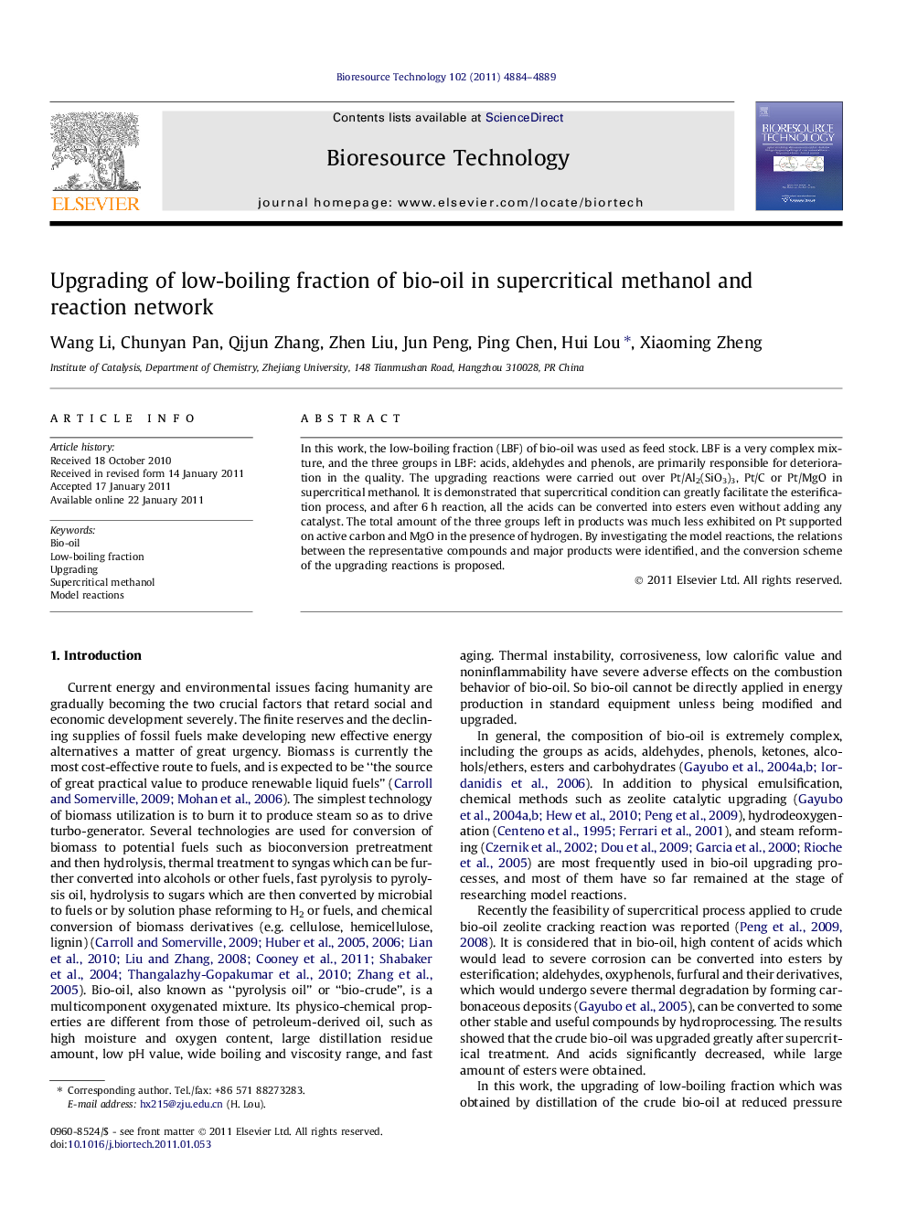 Upgrading of low-boiling fraction of bio-oil in supercritical methanol and reaction network