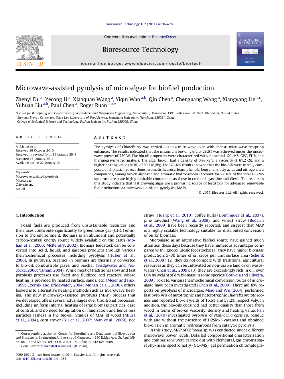 Microwave-assisted pyrolysis of microalgae for biofuel production