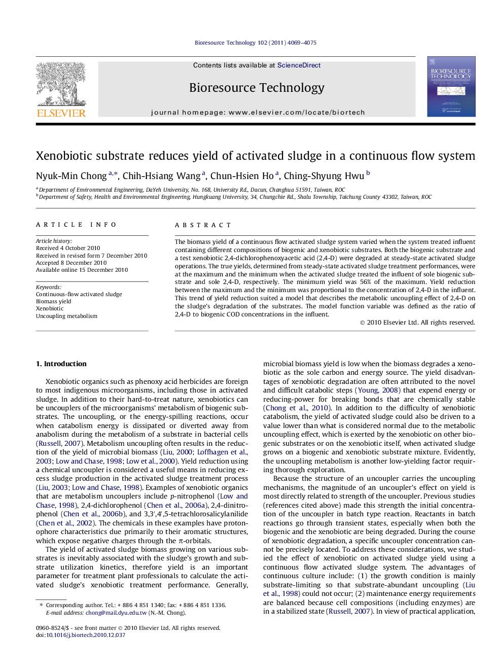 Xenobiotic substrate reduces yield of activated sludge in a continuous flow system