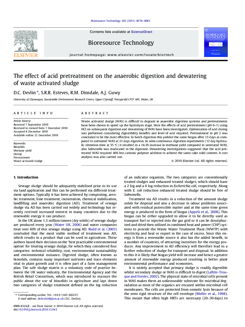 The effect of acid pretreatment on the anaerobic digestion and dewatering of waste activated sludge