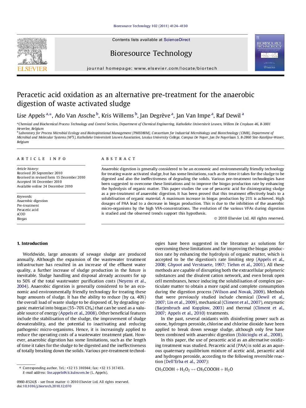 Peracetic acid oxidation as an alternative pre-treatment for the anaerobic digestion of waste activated sludge