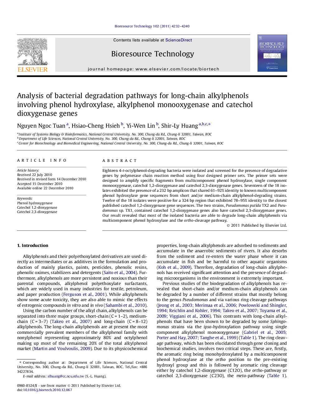 Analysis of bacterial degradation pathways for long-chain alkylphenols involving phenol hydroxylase, alkylphenol monooxygenase and catechol dioxygenase genes