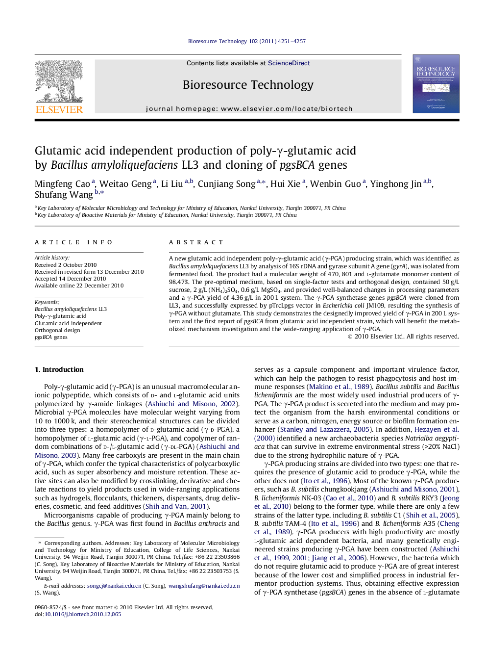 Glutamic acid independent production of poly-Î³-glutamic acid by Bacillus amyloliquefaciens LL3 and cloning of pgsBCA genes