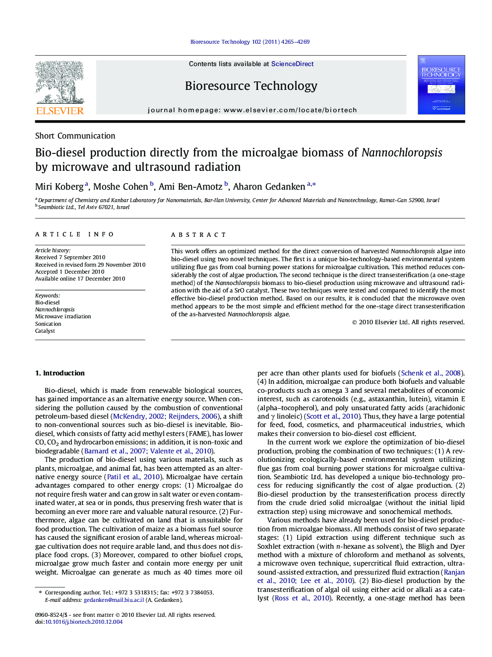 Bio-diesel production directly from the microalgae biomass of Nannochloropsis by microwave and ultrasound radiation