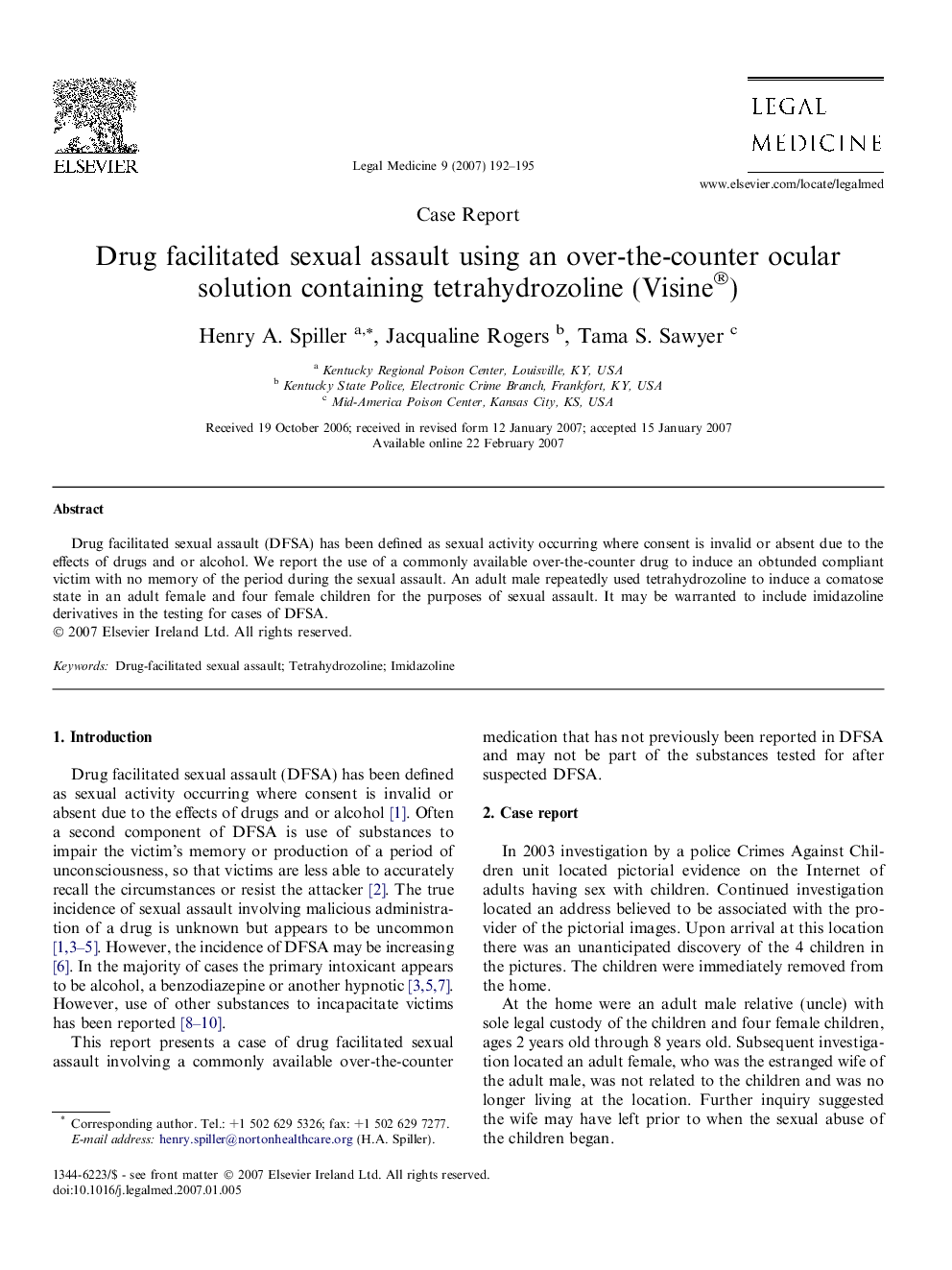 Drug facilitated sexual assault using an over-the-counter ocular solution containing tetrahydrozoline (Visine®)