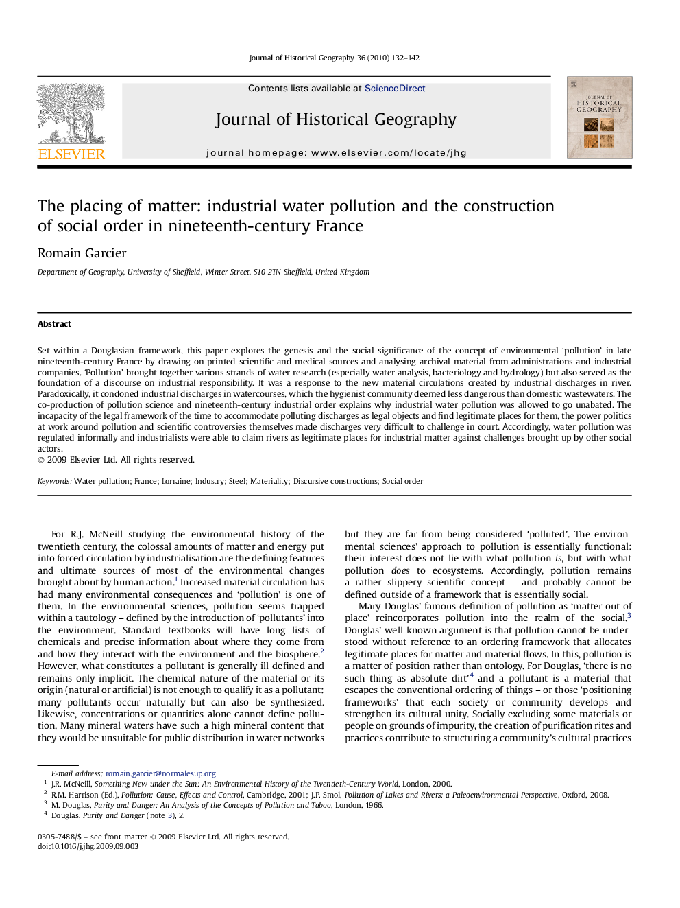 The placing of matter: industrial water pollution and the construction of social order in nineteenth-century France