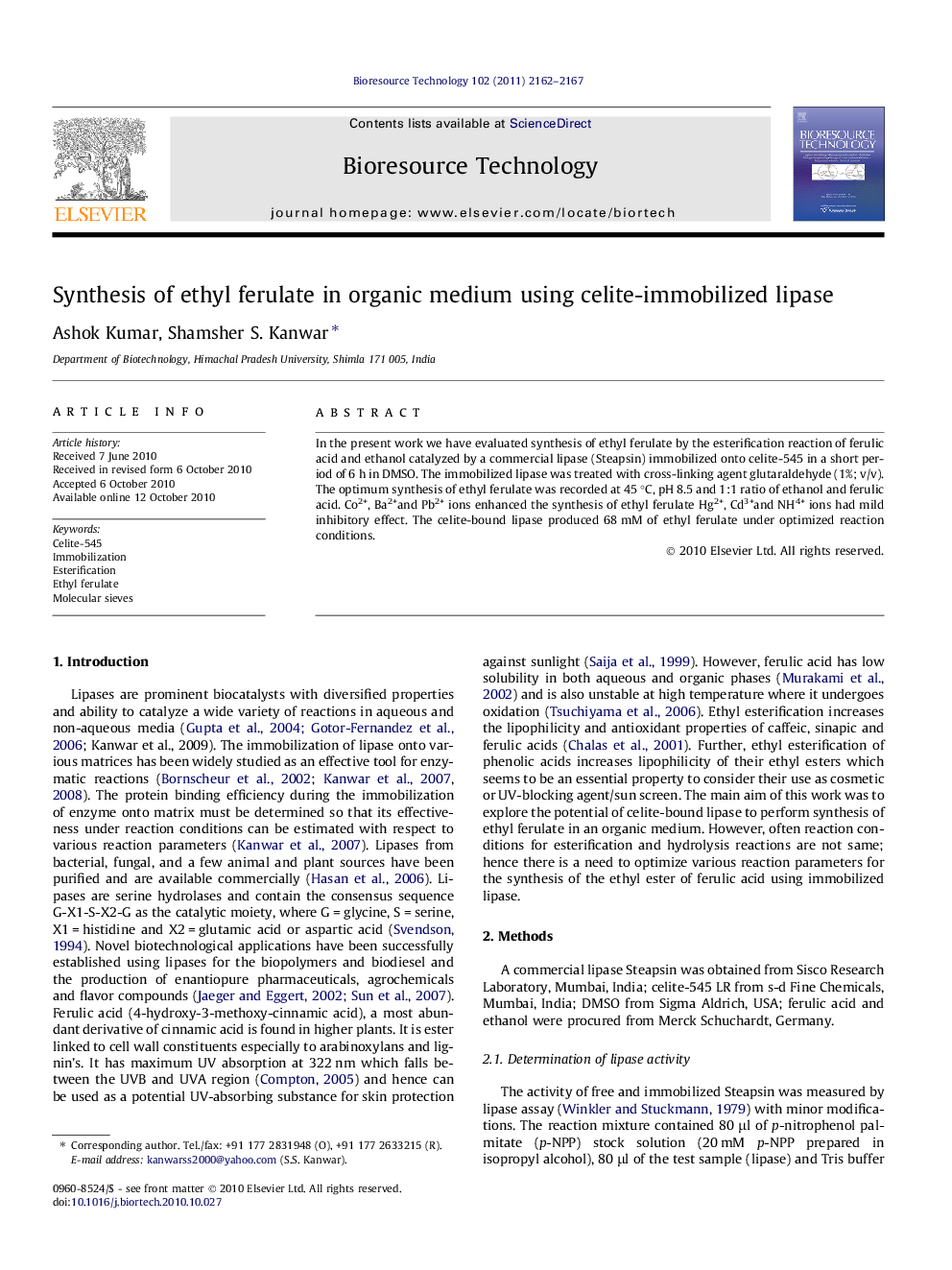 Synthesis of ethyl ferulate in organic medium using celite-immobilized lipase