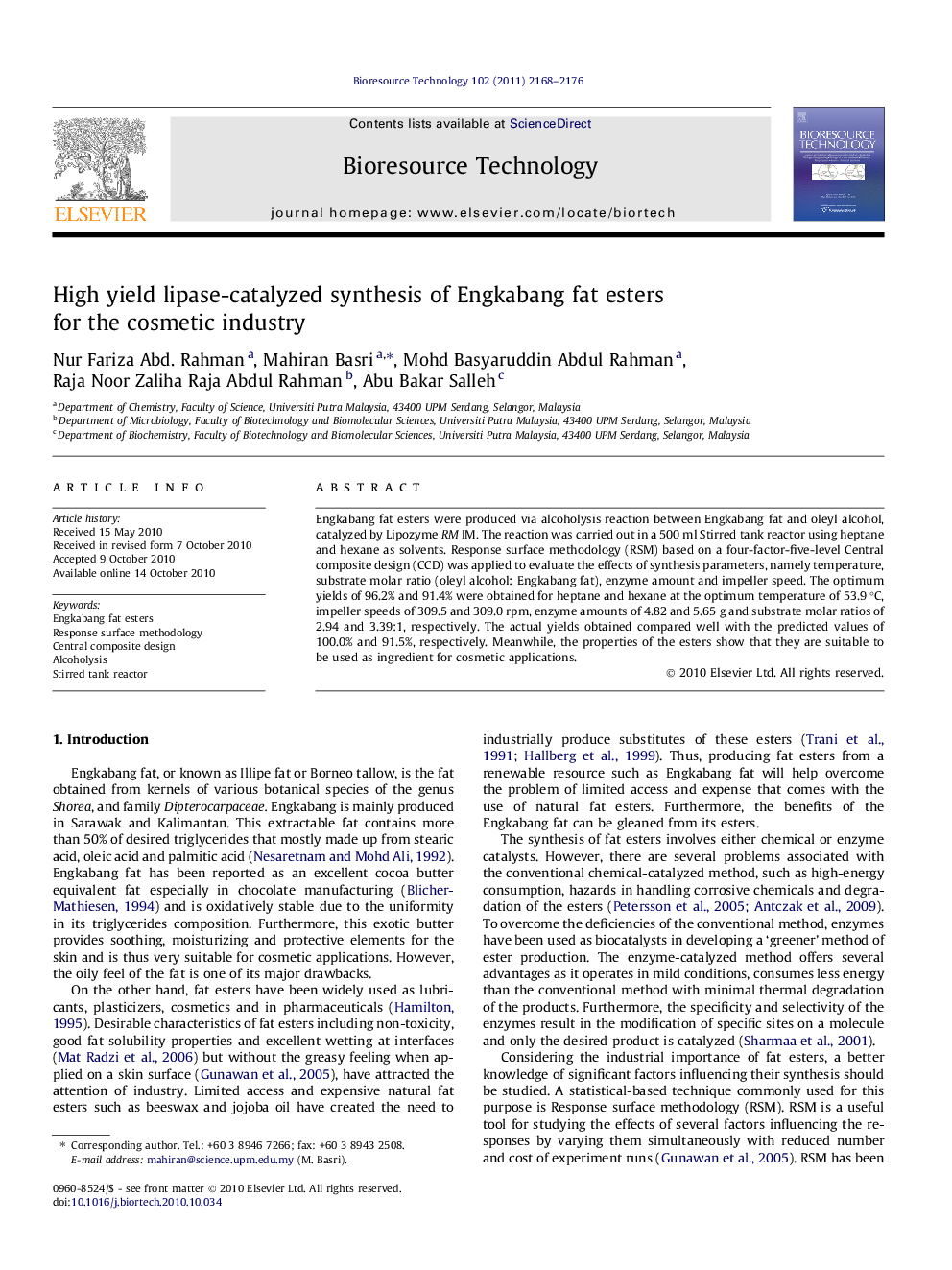 High yield lipase-catalyzed synthesis of Engkabang fat esters for the cosmetic industry