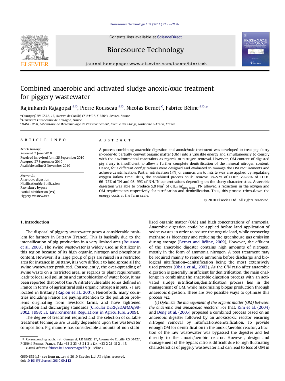 عکس صفحه اول مقاله: Combined anaerobic and activated sludge anoxic/oxic treatment for piggery wastewater Combined anaerobic and activated sludge anoxic/oxic treatment for piggery wastewater