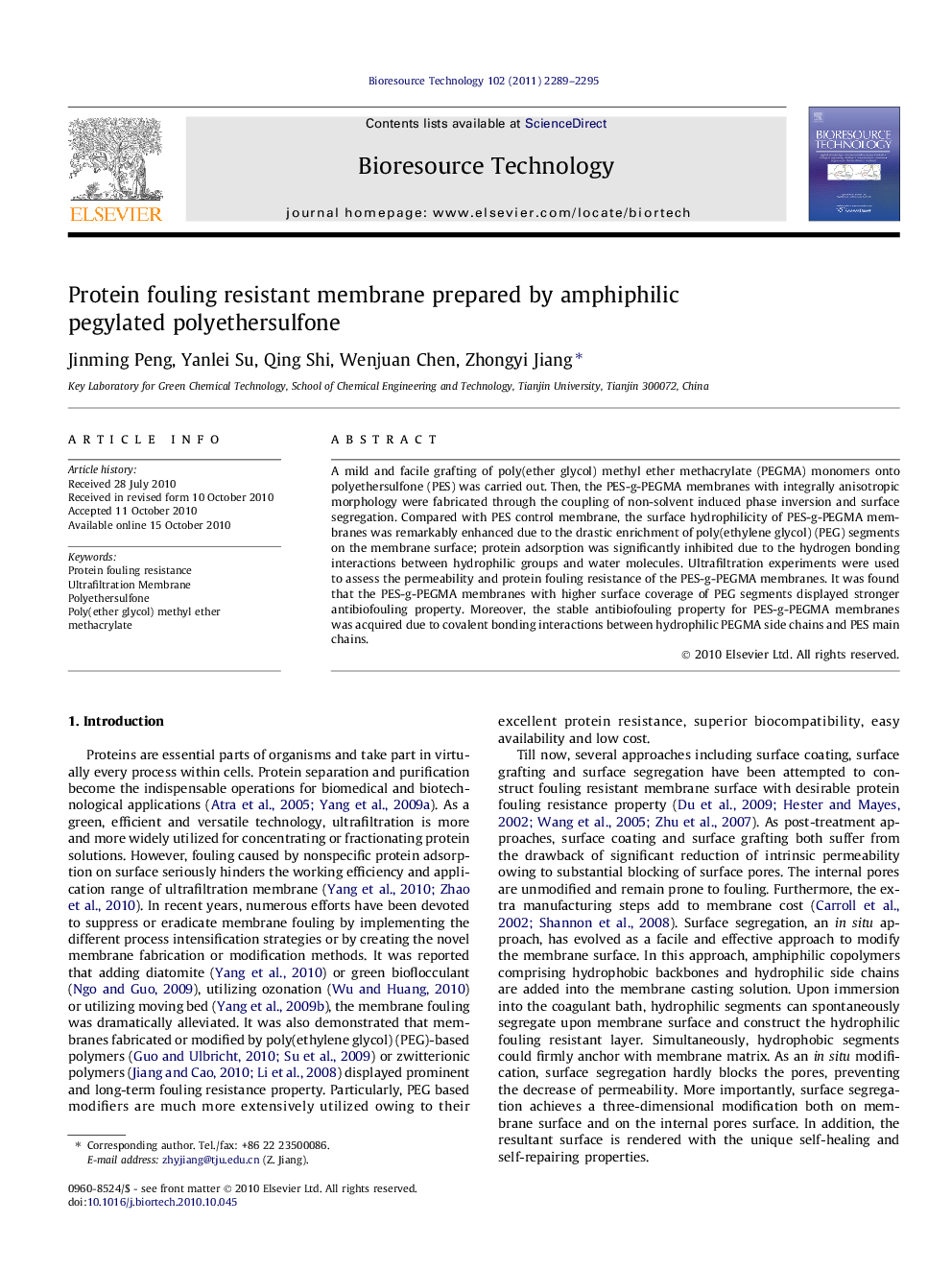 Protein fouling resistant membrane prepared by amphiphilic pegylated polyethersulfone