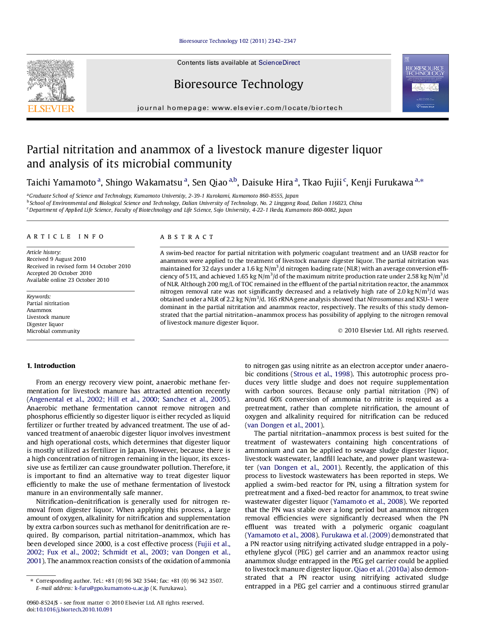 Partial nitritation and anammox of a livestock manure digester liquor and analysis of its microbial community