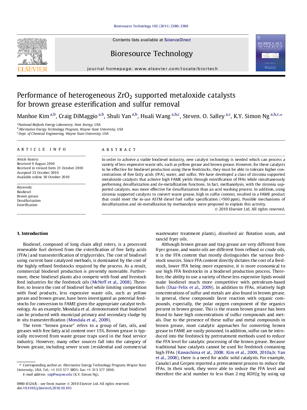 عکس صفحه اول مقاله: Performance of heterogeneous ZrO2 supported metaloxide catalysts for brown grease esterification and sulfur removal Performance of heterogeneous ZrO2 supported metaloxide catalysts for brown grease esterification and sulfur removal