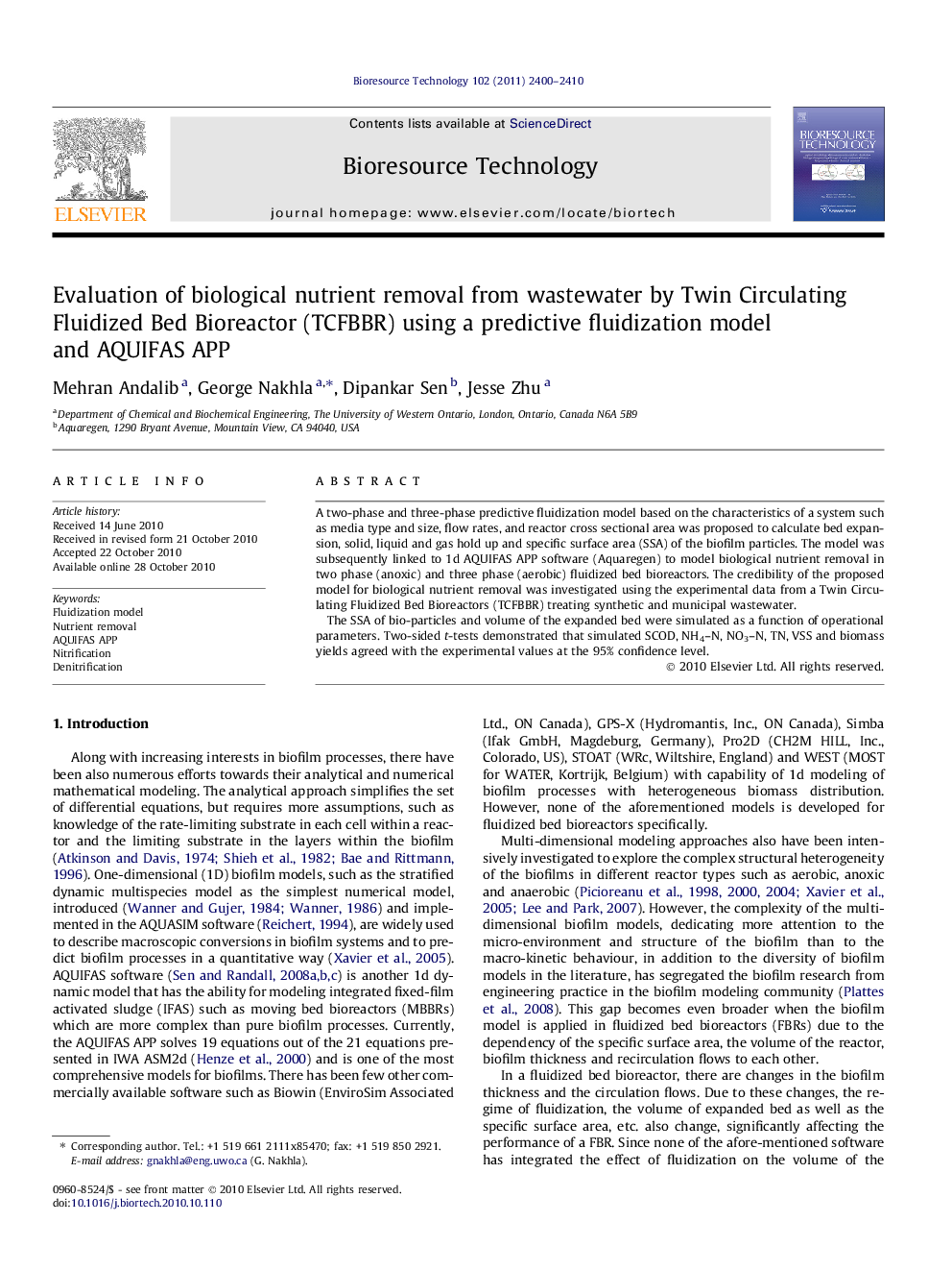 Evaluation of biological nutrient removal from wastewater by Twin Circulating Fluidized Bed Bioreactor (TCFBBR) using a predictive fluidization model and AQUIFAS APP