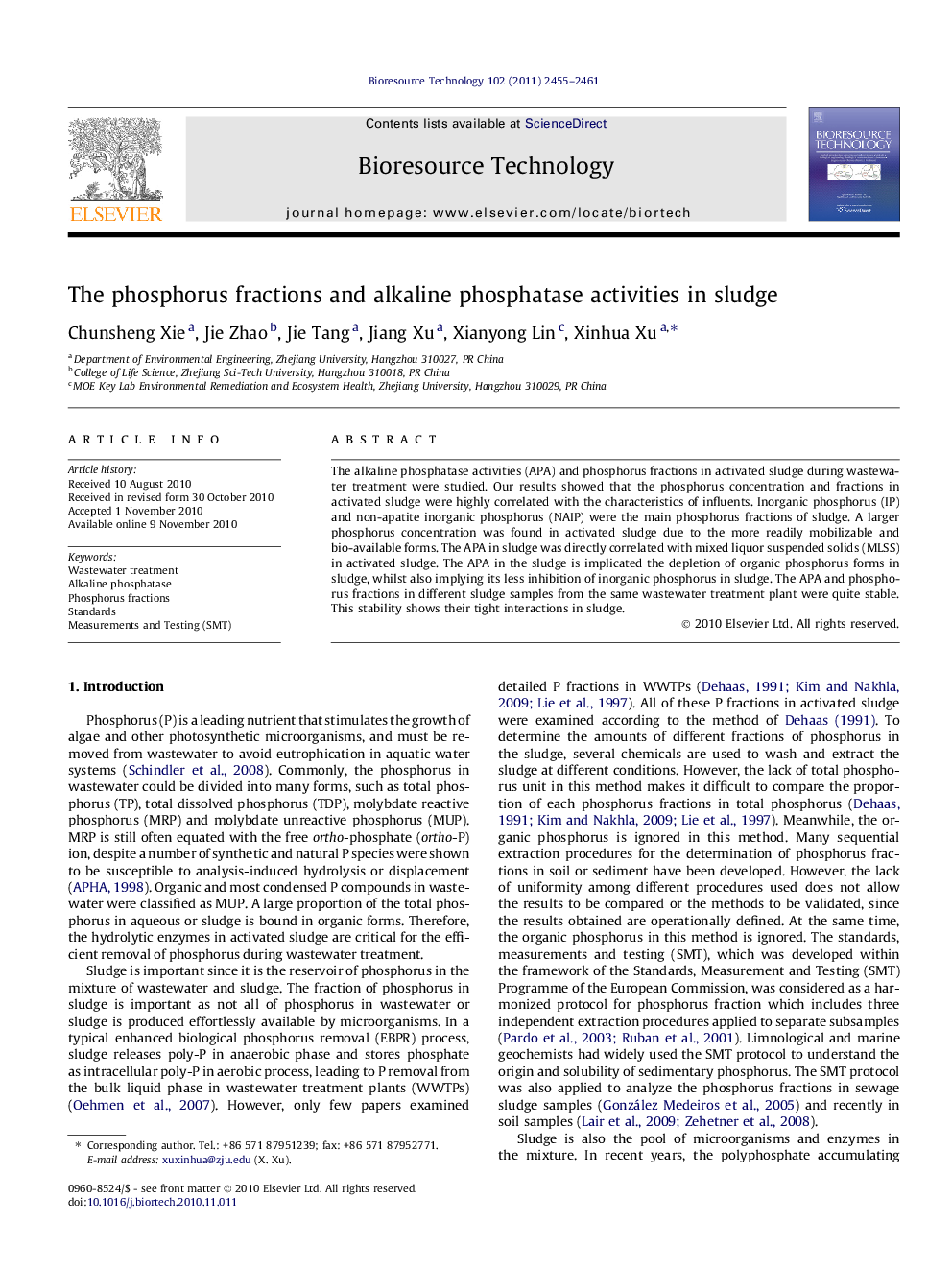 The phosphorus fractions and alkaline phosphatase activities in sludge