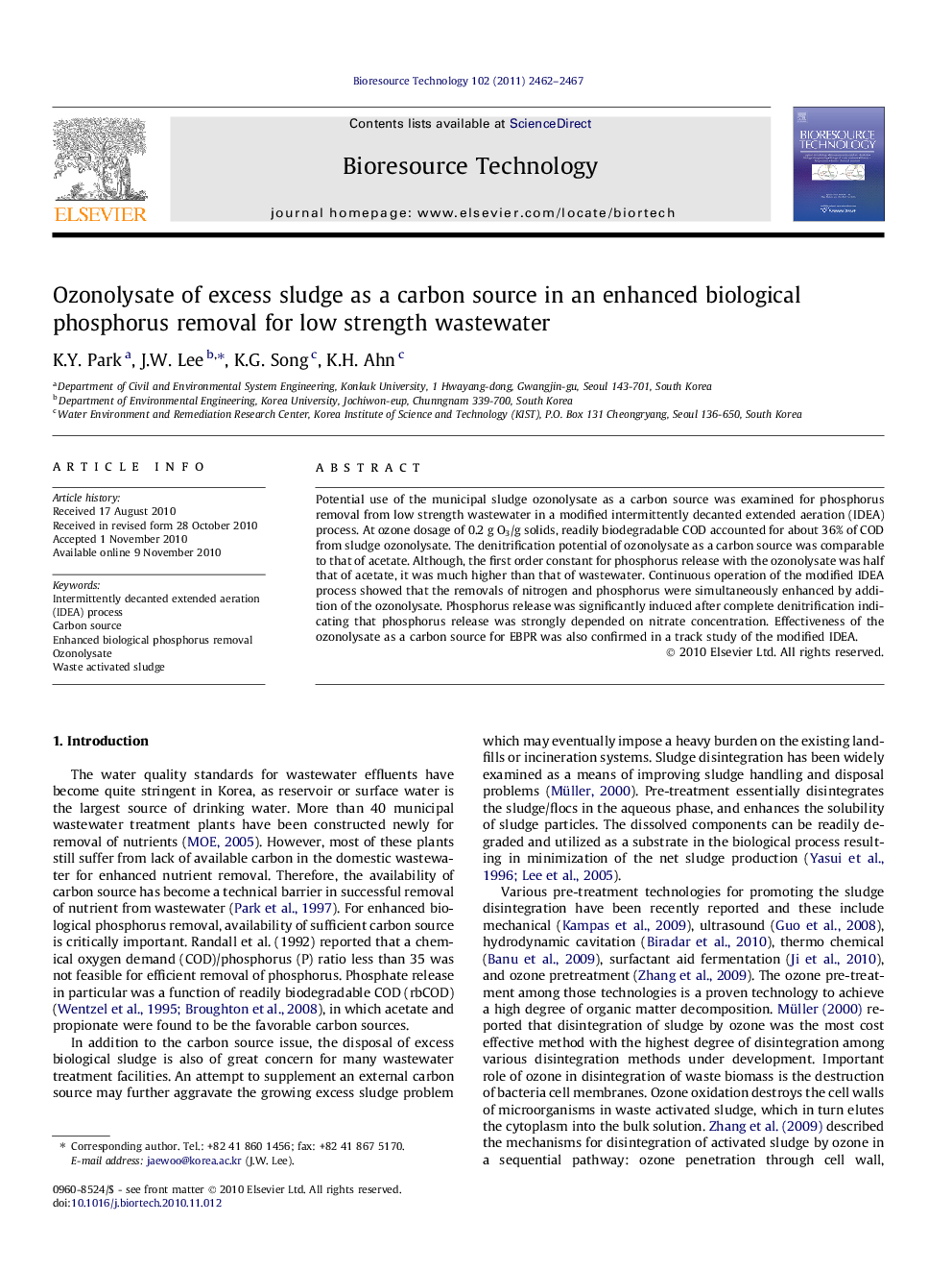 Ozonolysate of excess sludge as a carbon source in an enhanced biological phosphorus removal for low strength wastewater