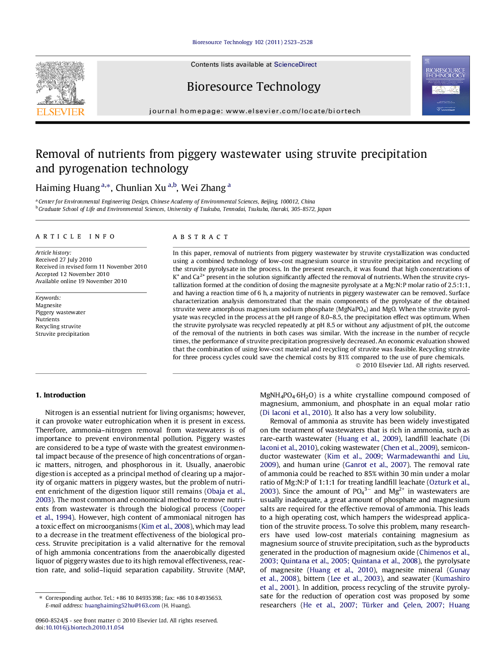 Removal of nutrients from piggery wastewater using struvite precipitation and pyrogenation technology