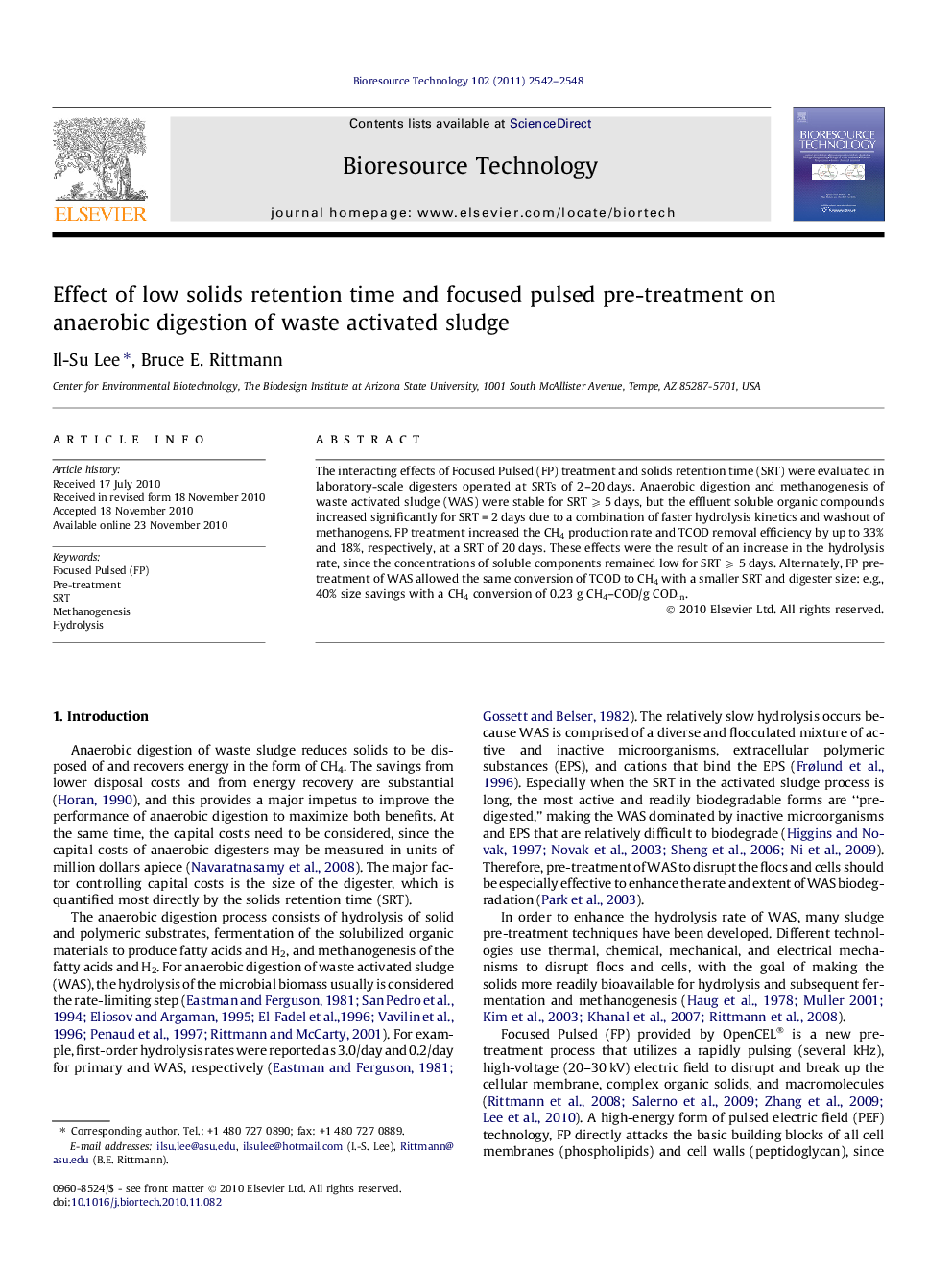 Effect of low solids retention time and focused pulsed pre-treatment on anaerobic digestion of waste activated sludge