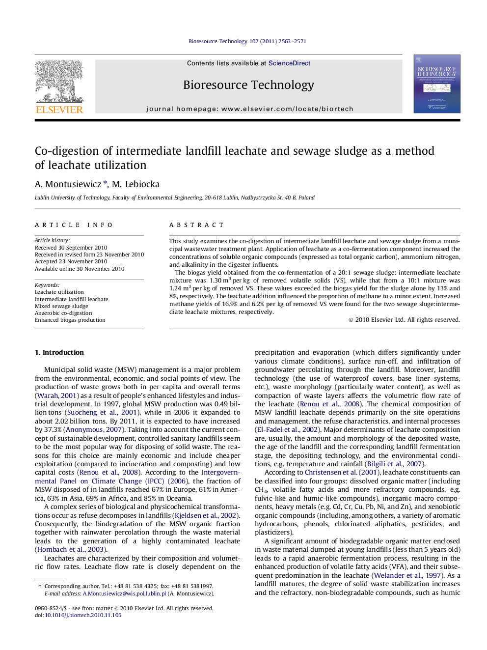 Co-digestion of intermediate landfill leachate and sewage sludge as a method of leachate utilization