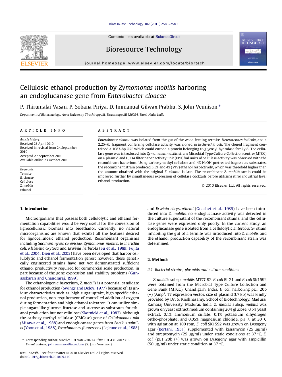 Cellulosic ethanol production by Zymomonasmobilis harboring an endoglucanase gene from Enterobactercloacae